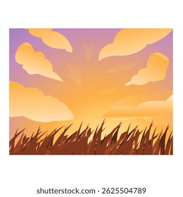 Pôr do sol bonito sobre um campo de grama, com um brilho quente e convidativo