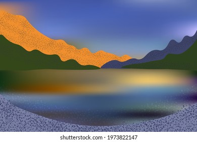 Beautiful sunset over the lake with mountain and rocks view.
