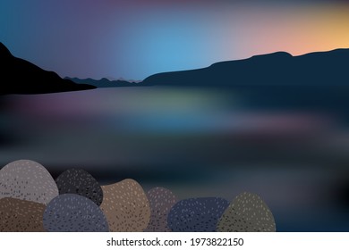 Beautiful sunset over the lake with mountain and rocks view.