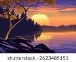 A beautiful sunset over a lake with a tree in the foreground. The sky is orange and the sun is setting