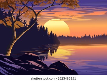 A beautiful sunset over a lake with a tree in the foreground. The sky is orange and the sun is setting