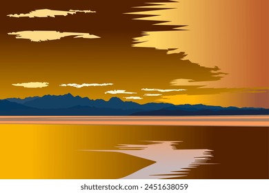 Hermosa puesta de sol sobre el lago. Ilustración vectorial para su diseño.