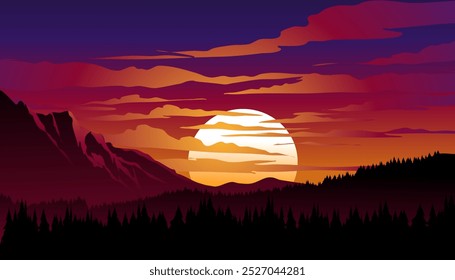 Lindo pôr do sol sobre a montanha com céu nublado colorido