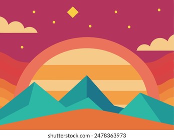 A beautiful sunset over a mountain range with a vibrant rainbow in the sky