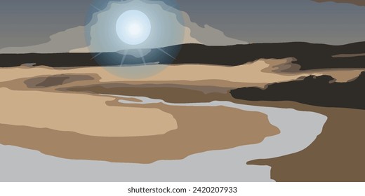 Hermosa puesta de sol sobre las montañas y nublada costa de la península en verano
