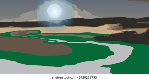 Hermosa puesta de sol sobre las montañas y nublada costa de la península en verano