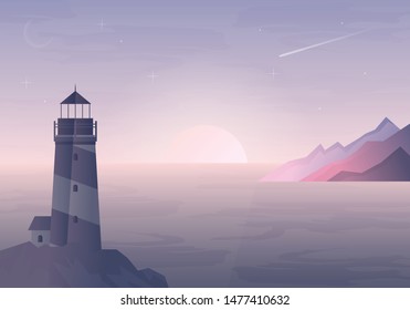 Beautiful sunset over Mountains. Mountaineering and Traveling, Lighthouse. Vacation and Outdoor Recreation Concept.