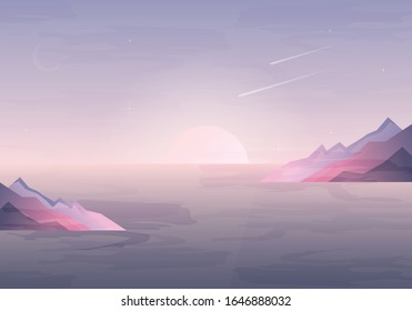 Beautiful sunset over Mountains. Mountaineering and Traveling. Vacation and Outdoor Recreation Concept.