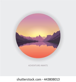 Beautiful sunset over Mountains.  Mountaineering and Traveling Vector Illustration. Vacation and Outdoor Recreation Concept.