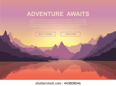 Beautiful sunset over Mountains.  Mountaineering and Traveling Vector Illustration. Vacation and Outdoor Recreation Concept.