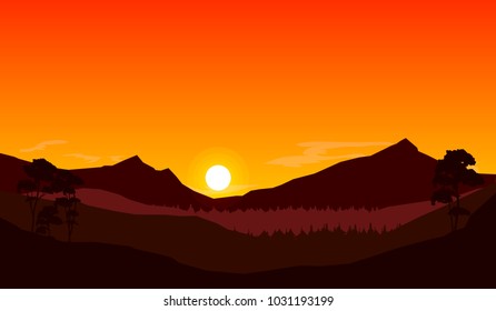 beautiful sunset over mountains and pine forest vector illustration.nature landscape