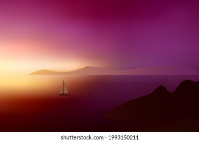 Beautiful sunset over the ocean with distant mountain and sailing yacht.