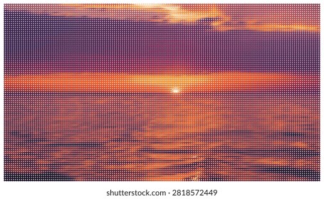 Beautiful sunset over ocean horizon featuring vibrant orange and purple sky colors. Relaxing vector illustration capturing peaceful dusk over calm water waves.