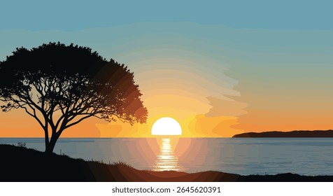 Beautiful Sunset Over Ocean With Lone Tree Silhouette