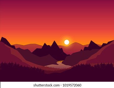 hermoso atardecer sobre el río y el bosque en el valle rodeado de montañas. ilustración de naturaleza vectorial, paisaje