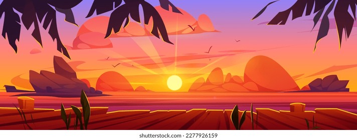 Beautiful sunset over sea view from wooden pier. Vector cartoon illustration of fantastic seascape with sun rising or going down on horizon, birds flying in sky, palm tree leaves. Vacation in paradise