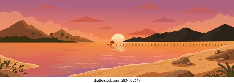 Beautiful sunset over a tropical beach with a long wooden pier, calm sea, mountains, and a colorful pink and orange sky.