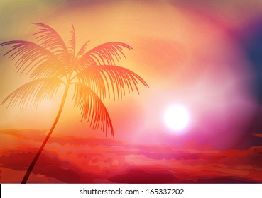 Beautiful Sunset with Palm Tree - Vector Illustration