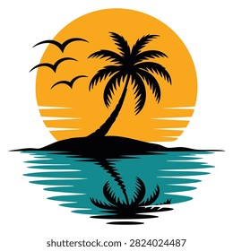 Beautiful sunset with reflection in the water summer vector illustration, glowing seasonal design perfect for nature backgrounds and landscape themes