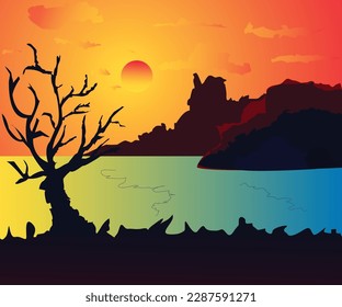 Beautiful sunset at river vector landscape vector art sunset colorful landscape vectors nature park outside vectors drawing illustration