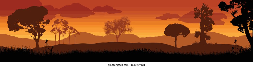 Beautiful sunset in savanna landscape, vector illustration