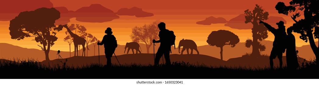Beautiful sunset in savanna landscape with wild animals and travelers silhouette, vector illustration
