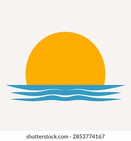 Beautiful sunset scene featuring a bright orange sun setting over a tranquil ocean with gentle waves and a clear sky.