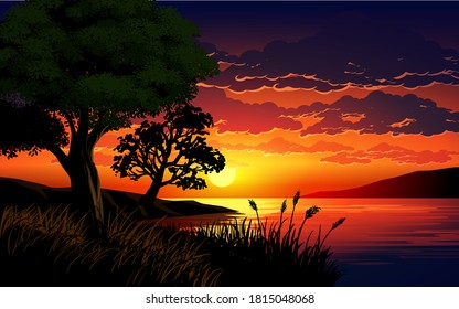 Beautiful sunset scene in the lake