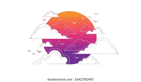 Paisagem de pôr do sol bonito com nuvens fofas e pássaros voadores na ilustração da atmosfera sonhadora