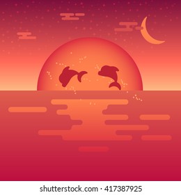 Beautiful sunset at the sea with the jumping dolphins in a front. Tropical warm illustration with the sun and sea in gradient color. Fully vector. Easy to edit