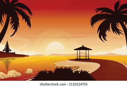 Beautiful Sunset Sea Nusa Dua Bali Landscape View Illustration