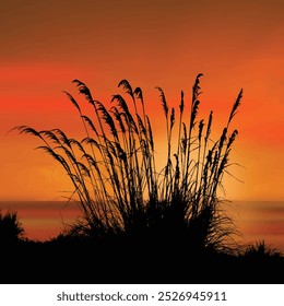 Lindo pôr do sol com silhueta de aveia do mar em frente ao mar, ilustração vetorial