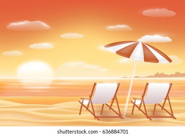 beautiful sunset sea sand beach scene  with beach chair 