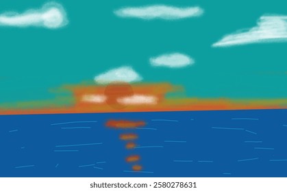 Beautiful sunset Sea view landscape digital painting,  sunrays,  sunset vibes . 