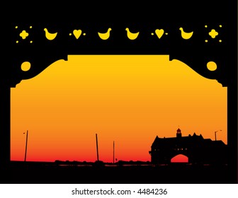 A beautiful sunset as seen from inside a gazebo