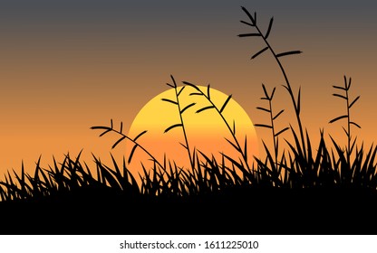 Hermosa puesta de sol con silueta de hierba