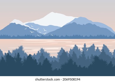 Beautiful Sunset. Silhouettes of mountains and beaches overgrown with pine trees for a holiday atmosphere