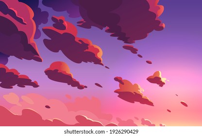 Beautiful sunset sky, clouds with dramatic light. Sundown with colorful violet pink clouds. Cartoon style illustration. 