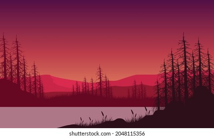 Beautiful sunset sky with a good view of the mountains from the lakeside. Vector illustration of a city