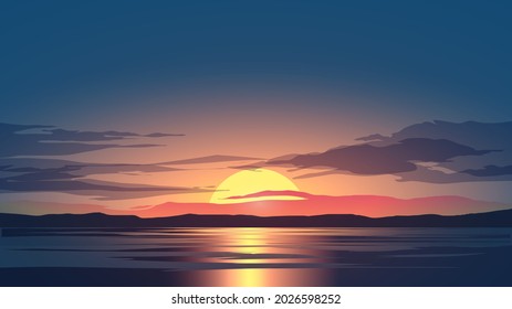 Beautiful sunset sky illustration with ocean