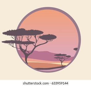 Beautiful sunset sky over rocks, plato and acacia trees
abstract vector landscape illustration, savanna