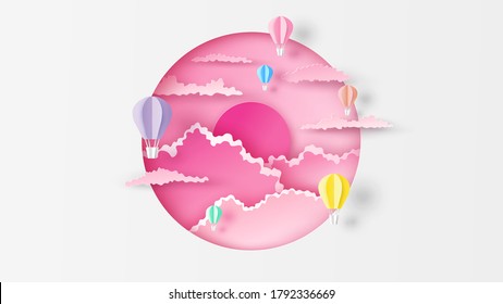Beautiful sunset sky scenery in circle frame with hot air balloons float up on sky. Hot air balloon on the evening sky. paper cut and craft style. vector, illustration.