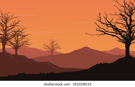 Beautiful sunset sky view on the edge of the town. Vector illustration