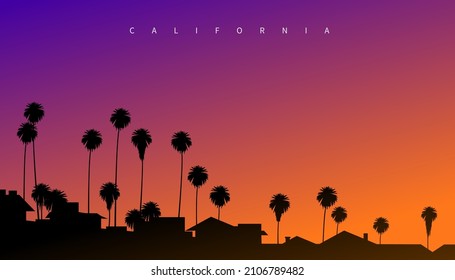 Hermosa puesta de sol en algún lugar de California, EEUU. Ilustración vectorial creativa estilo postal con cielo nocturno, palmeras y silueta de mansiones en primer plano