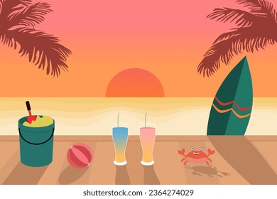 Beautiful sunset in summer at the beach with surf board and drinks. illustration vector. Seascape sunset.