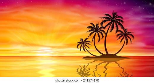 A Beautiful Sunset, Sunrise with Island and Palm Trees - Vector EPS 10.