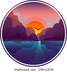 Beautiful sunset sunrise  mountains  river   flying bird  flat landscape  vector illustration  circle concept