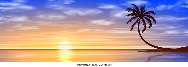 A Beautiful Sunset, Sunrise with Palm Tree. Vector EPS 10.