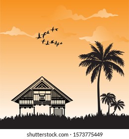 Beautiful sunset in the traditional Indonesian house