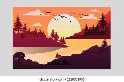 Hermosa puesta de sol con árbol y río. ilustración de vector de paisaje .tree en la última luz del día